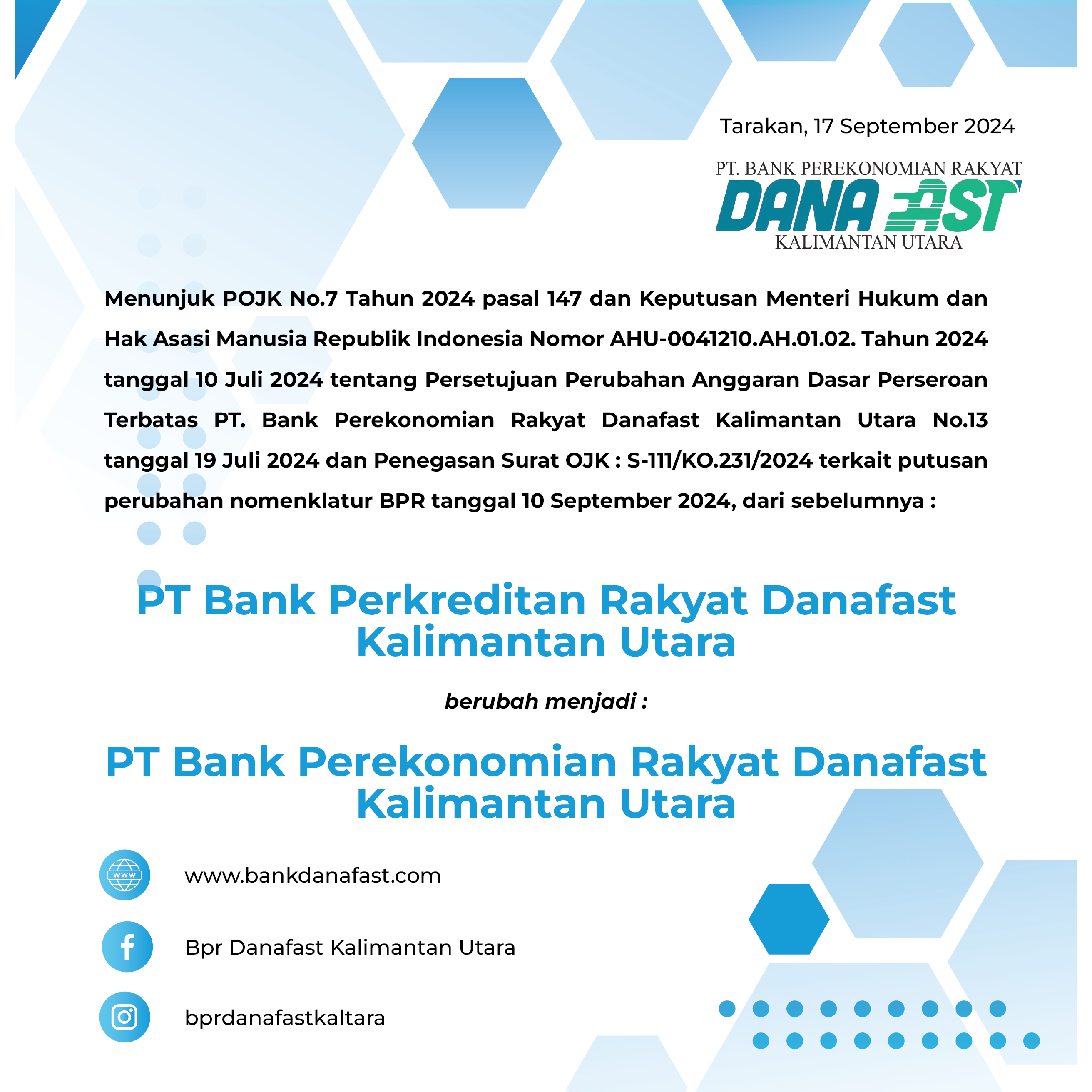 Perubahan Nomenklatur PT. BPR Danafast Kaltara